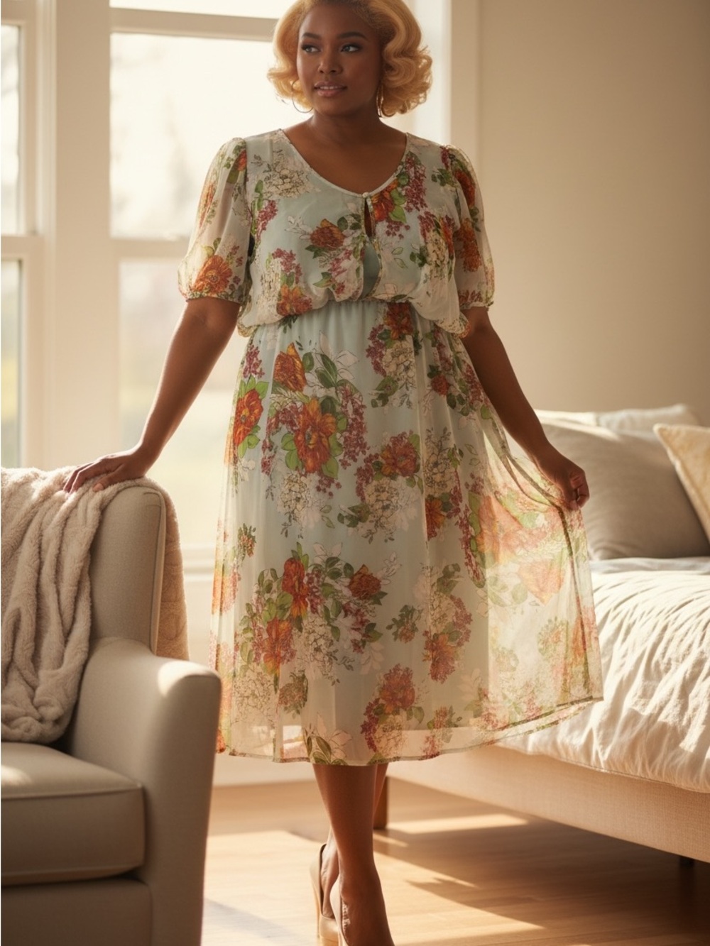 Hell Bunny Vixen Light Blue Chiffon Midi Dress with Red, Green & Orange Flowers